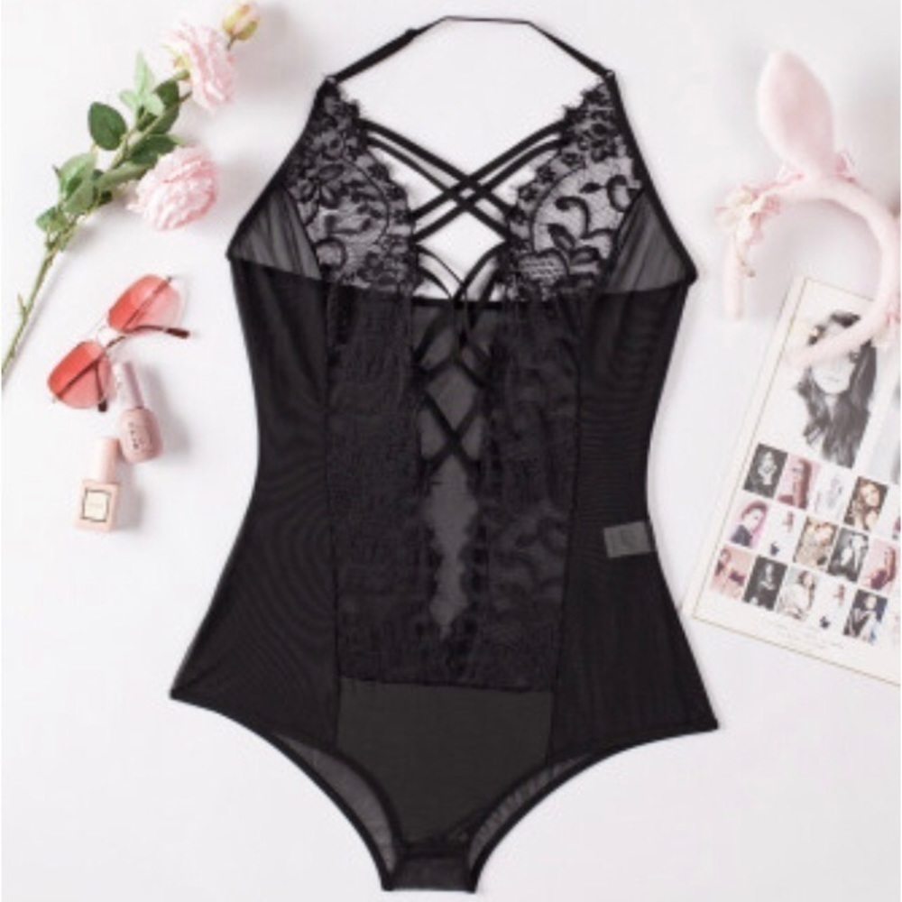 𝅺BLACK Strappy Lacy Bodysuit Teddy Lingerie. M-3XL - Picture 7 of 11